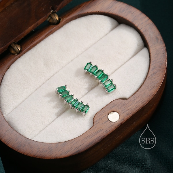Emerald Green Baguette CZ Stud Earrings in Sterling Silver, Silver or Gold, Green Earrings, Chunky Green Bar Earrings