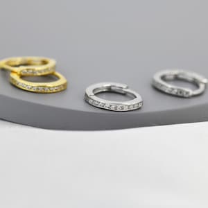 Extra Skinny Clear CZ Huggie Hoop in Sterling Silver, Silver or Gold, 8mm Inner Diameter Hoop Earrings, April Birthstone image 3