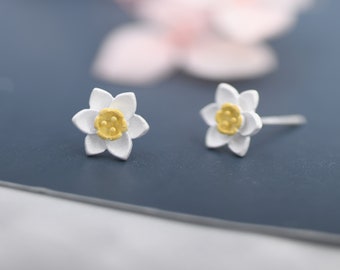 Sterling Silver Daffodil Flower Jewellery, Pretty and Cute Blossom Flower Stud Earrings , with Partial 18ct Gold Plating