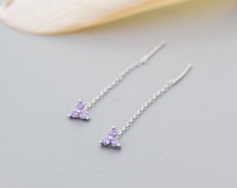 Purple CZ Trio Flower Threader Earrings in Sterling Silver, Silver or Gold, Three Dot Crystal Ear Threaders, Flower CZ Earrings