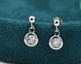 Tiny Dangling Solitaire CZ Stone Drop Stud Earrings in Sterling Silver, Classic Minimalist Geometric Design, Delicate