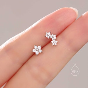 Asymmetric Forget Me Not Flower Bouquet CZ Stud Earrings in Sterling Silver, Silver, Gold or Rose Gold, Mismatched CZ Flower Stud Earrings zdjęcie 1