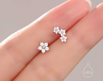 Asymmetric Forget Me Not Flower Bouquet CZ Stud Earrings in Sterling Silver, Silver, Gold or Rose Gold, Mismatched CZ Flower Stud Earrings