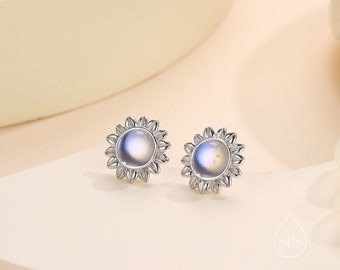 Sunflower Moonstone Stud Earrings in Sterling Silver, Silver or Gold, Delicate Sunflower Earrings, Moonstone Earrings