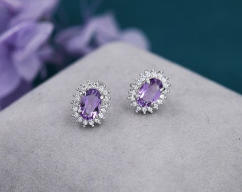 Genuine Amethyst Purple Crystal Stud Earrings in Sterling Silver, Natural Purple Amethyst Oval Stud Earrings