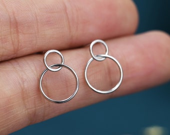 Delicate Double Ring Drop Stud Earrings in Sterling Silver,  Two Circle Earrings, Two Ring Earrings, Interlinking Rings