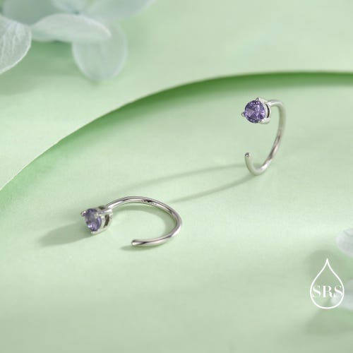 Flieder Amethyst lila Kristall Huggie Hoop Threader Ohrringe in Sterling Silber, 3 mm drei Zinken, Gold oder Silber, Durchziehen offene Creolen