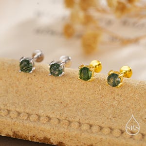 Pendientes de ágata musgosa natural de 16 g con rosca interna y parte trasera plana en plata de ley, 4 mm, 5 mm y 6 mm, con piedra preciosa de ágata musgosa genuina.