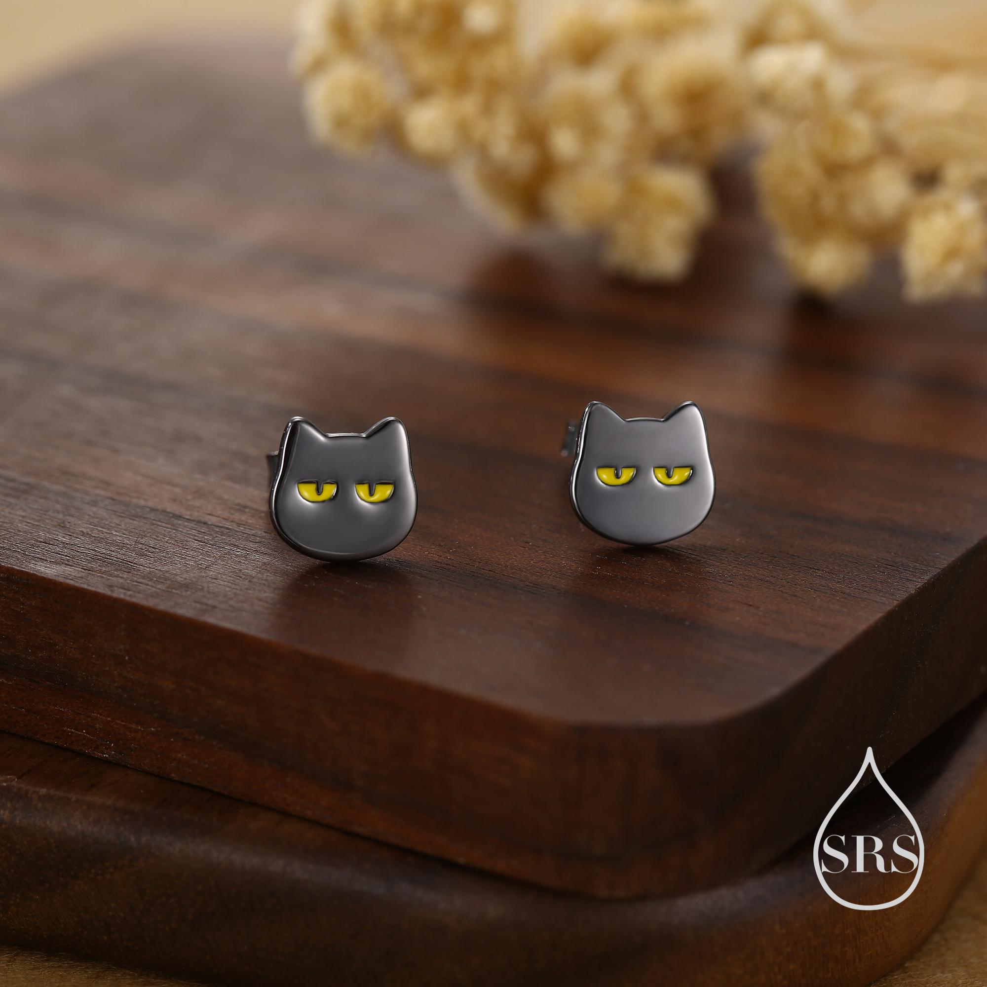 Orecchini a bottone a forma di gatto nero eccentrico in argento sterling, orecchini a forma di gatto rivestiti in rodio nero, orecchini a forma di gatto carino, orecchini a forma di gatto