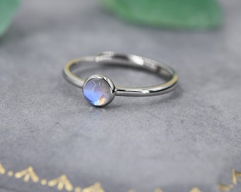 Minimalist Moonstone Ring in Sterling Silver,  4mm Bezel Set Lab Moonstone, Adjustable Size, Simulated Moonstone Ring