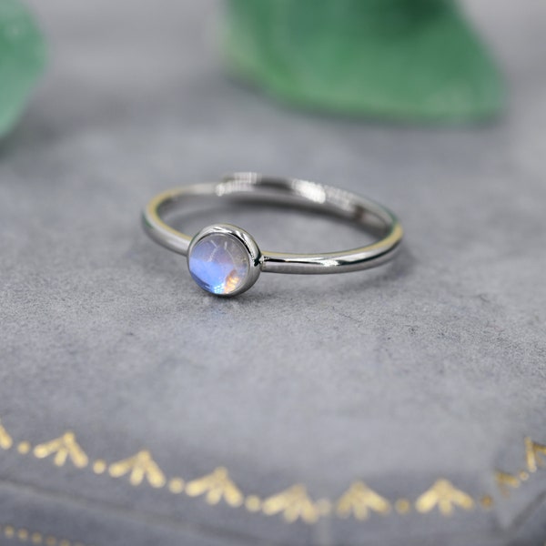 Minimalist Moonstone Ring in Sterling Silver,  4mm Bezel Set Lab Moonstone, Adjustable Size, Simulated Moonstone Ring