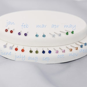 Sterling Silver Tiny Birthstone Stud Earrings, 3mm Birthstone CZ Earrings, Stacking Earrings 画像 3