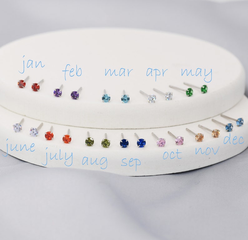 Puede incluir: Doce pares de peque&ntilde;os pendientes de bot&oacute;n con piedras preciosas de diferentes colores, dispuestos en c&iacute;rculo sobre un expositor blanco. Los meses del a&ntilde;o est&aacute;n escritos en azul debajo de cada par de pendientes.