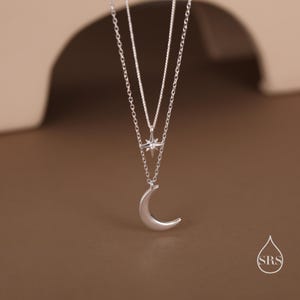 Two Layer Crescent Moon and Star Pendant Necklace in