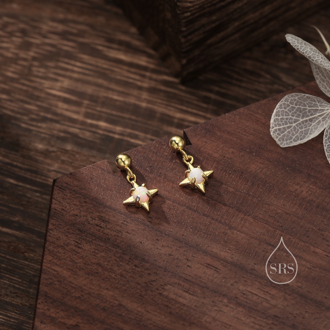 White Opal Star Dangle Stud Earrings in Sterling Silver, Silver or Gold, Lab Opal Star Earrings, Sunburst Earrings, Celestial Earrings - Etsy Japan