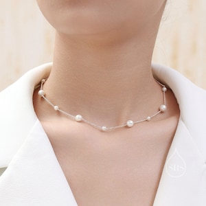 Mother of Pearl Choker Necklace in Sterling Silver, Silver or Gold , Adjustable Length, Short Pearl Necklace,  Satellite Beaded Necklace
