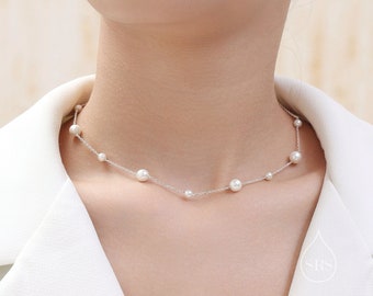 Mother of Pearl Choker Necklace in Sterling Silver, Silver or Gold , Adjustable Length, Short Pearl Necklace,  Satellite Beaded Necklace
