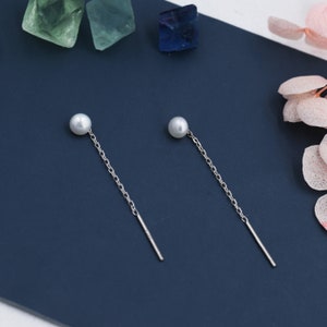 Sterling Silver Pearl Threader Earrings, Genuine Pearl Ear Threaders, Freshwater Pearl Earrings -  Minimalist Design