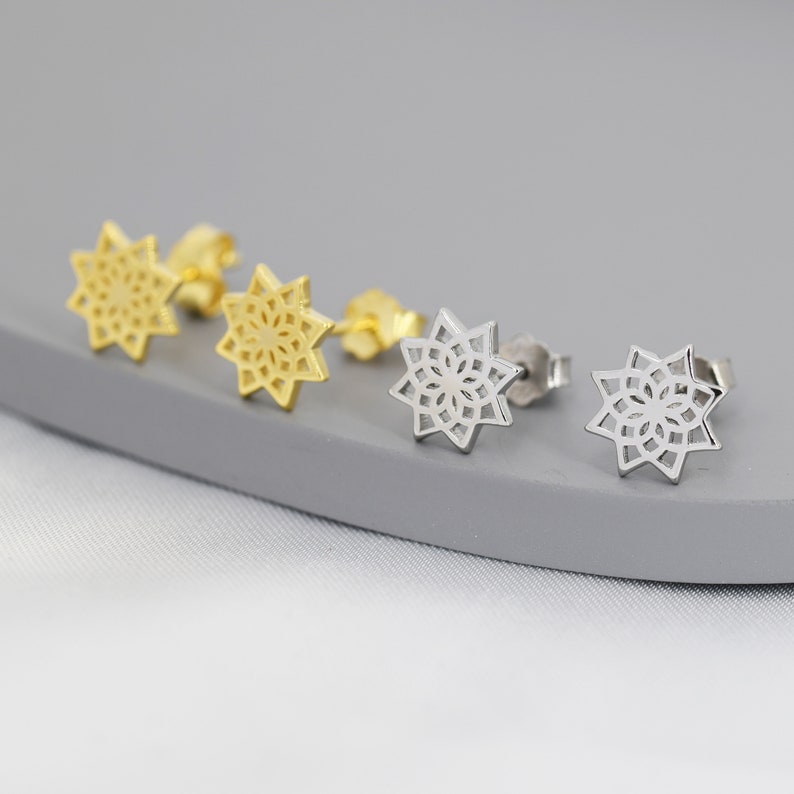 Mandala Flower Stud Earrings in Sterling Silver, Silver or Gold, Mandala Earrings, Geometric image 4