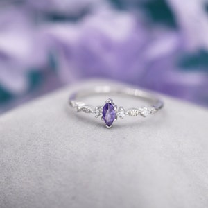 Vintage Inspired Amethyst Purple CZ Ring in Sterling Silver, Marquise Ring, Delicate Amethyst Ring, Size US 5 8 image 5