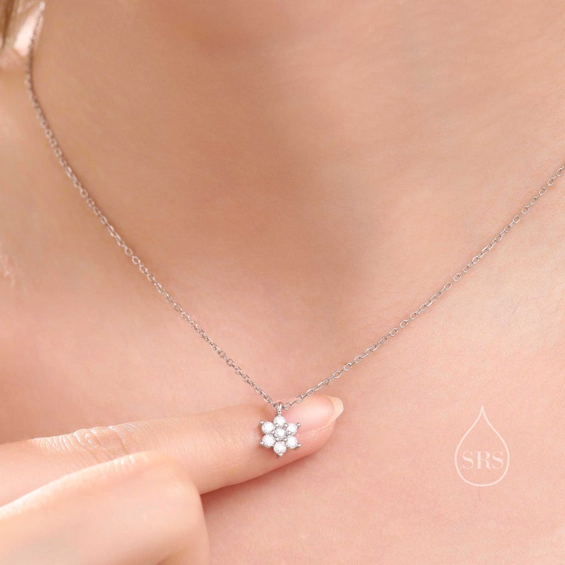 Tiny CZ Flower Necklace in Sterling Silver, Silver or Gold or Rose Gold, CZ Snowflake Necklace, CZ Cluster Floral Necklace image 4