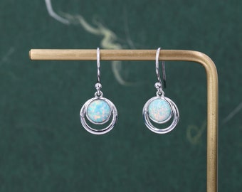 Aqua Green Opal and Circle Drop Hook Earrings in Sterling Silver, Delicate Fire Opal Geometric Earrings, Opal Coin Earrings