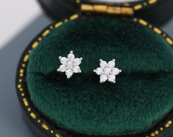 Pair of Very Tiny CZ Flower Stud Earrings in Sterling Silver, Silver or Gold, Crystal Flower Earrings, Stacking Earrings, Snowflake Earrings