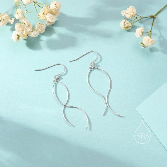 Sterling Silver Minimalist Wave Ear Wire Drop Earrings