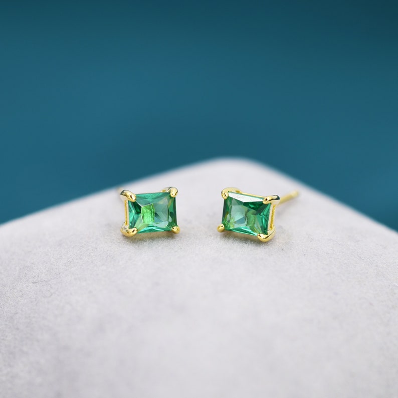 Emerald Cut Emerald Green CZ Stud Earrings in Sterling Silver, Silver or Gold, Square Cut Crystal Earrings, May Birthstone image 4