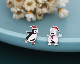Mismatched Penguin and Snowman with Christmas Hat Stud Earrings in Sterling Silver, Asymmetric Winter Earrings, Christmas Earrings