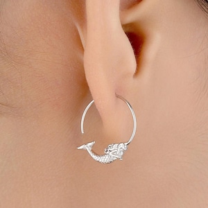 Mermaid Open Hoop Earrings in Sterling Silver, Silver or Gold or Rose Gold, Minimalist Siren Earrings, Simple Mermaid Fish Earrings