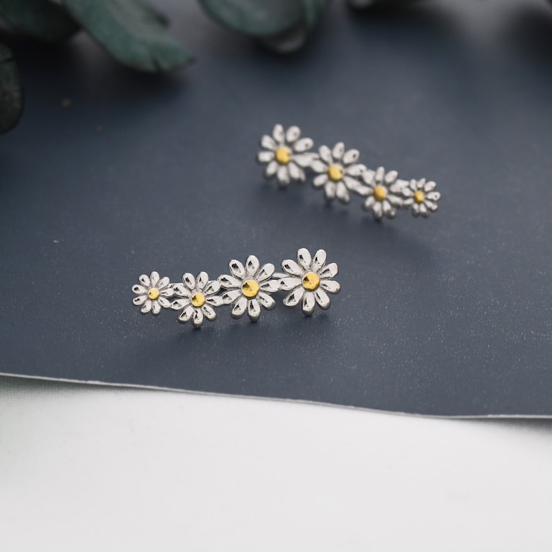 Daisy Flower Crawler Earrings in Sterling Silver, Two Tone Finish, Daisy Chain, Flower Earrings, Ear Climbers image 1