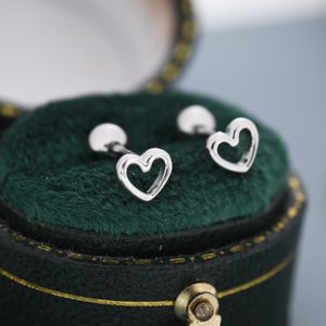 Tiny Open Heart  Screw Back / Flat Back Earrings in Sterling Silver, Silver, Gold or Rose Gold, Geometric Minimalist Design