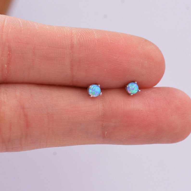 Minimalist Opal Stud Earrings in Sterling Silver, Simulated White or Blue Opal, Tiny Circle Dot Jewellery 