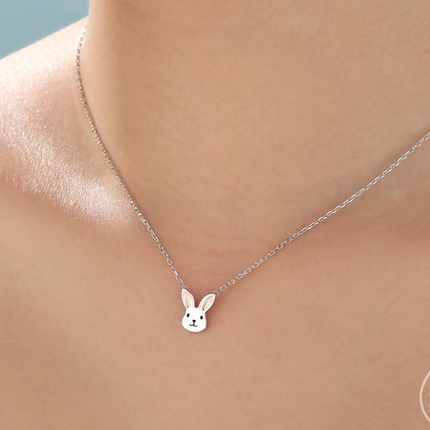 Tiny Little Rabbit Head Pendant Necklace in Sterling Silver 