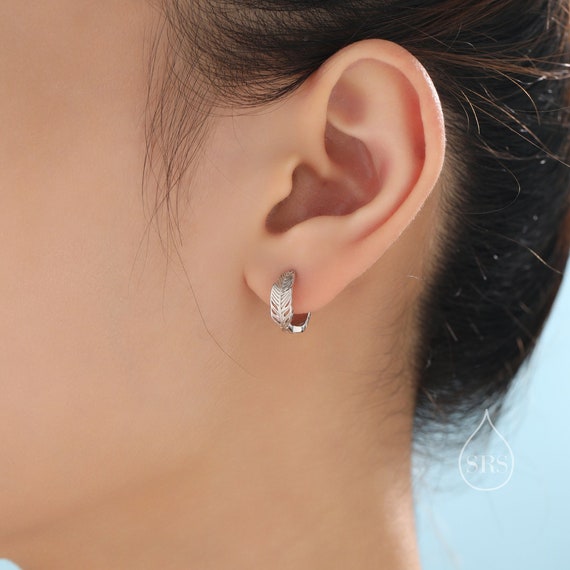 Tiny Feather Huggie Hoop Earrings in Sterling Silver, Silver or