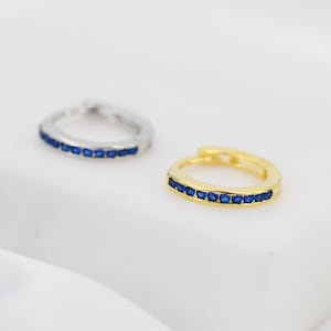 Extra Skinny Sapphire Blue Huggie Hoop in Sterling Silver, Silver or Gold,  8mm Inner Diameter Hoop Earrings, September Birthstone