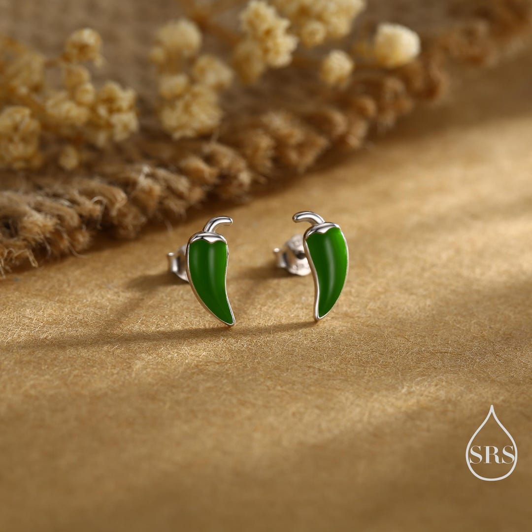 Green Chilli Rings Enamel Chilli Pepper Stud Earrings in Sterling Silver, Green Chilli or ...