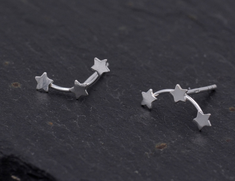 Tiny Star Trio Constellation Sterling Silver Dainty Stud Earrings, Available in Gold, Rose Gold and Silver, Tiny Star crawlers zdjęcie 2