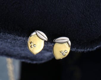 Lemon Stud Earrings in Sterling Silver, Silver and 14ct Yellow Gold Two Tone Earrings, Fruit Earrings, Summer Earrings