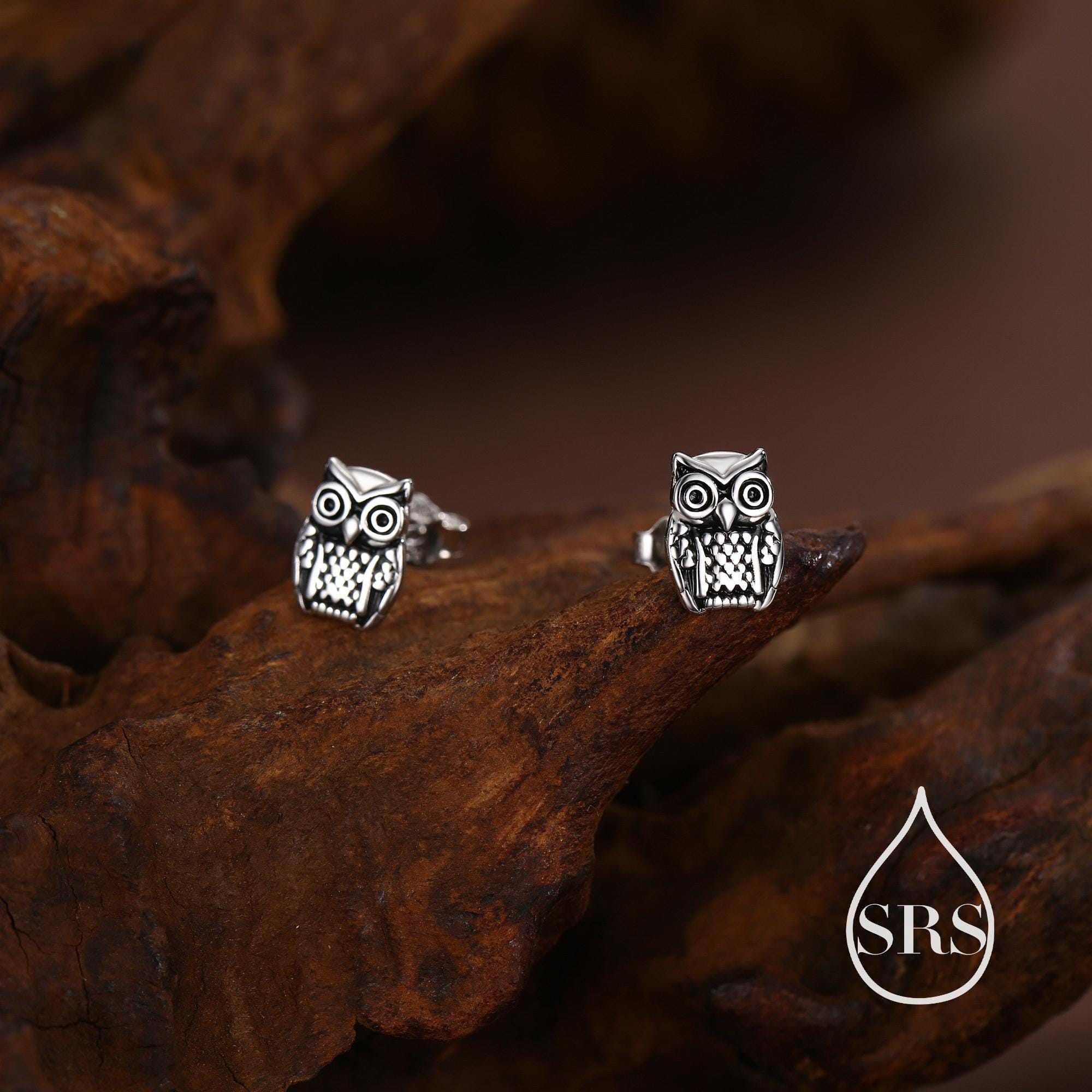 Owl Stud Earrings in Sterling Silver, Oxidised Silver Finish, Silver Animal Earrings, Nature Inspire