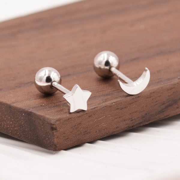 Moon and Star Tiny Screwback  Earrings in Sterling Silver, Asymmetric Stacking Earrings, Small Crystal Stud, Celestial Earrings