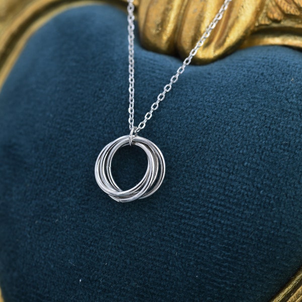 Collier en argent sterling à pendentif quatre cercles entrelacés, quatre anneaux entrelacés années 40, collier infini 40e