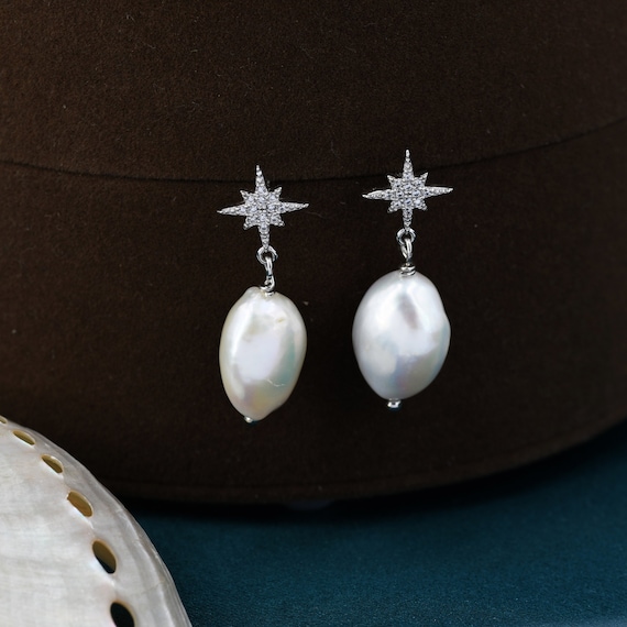 Sterling Silver CZ and Freshwater Pearl Moon and Star Post Earrings Sterling Silver CZ and Freshwater Pearl Moon and Star Post Earrings