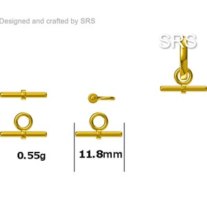 May include: Gold-toned metal toggle clasp with a bar and loop. The clasp measures 11.8 mm in length and weighs 0.55 grams.  SRS is printed on the clasp.