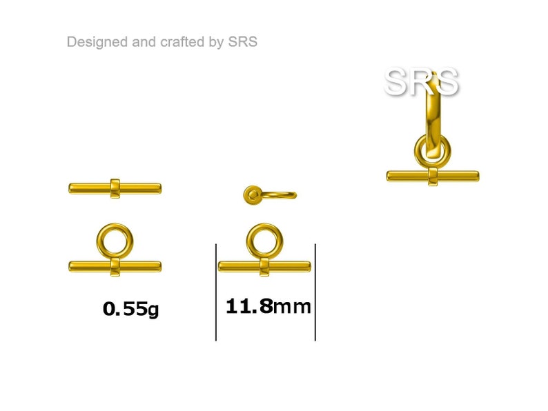 May include: Gold-toned metal toggle clasp with a bar and loop. The clasp measures 11.8 mm in length and weighs 0.55 grams.  SRS is printed on the clasp.