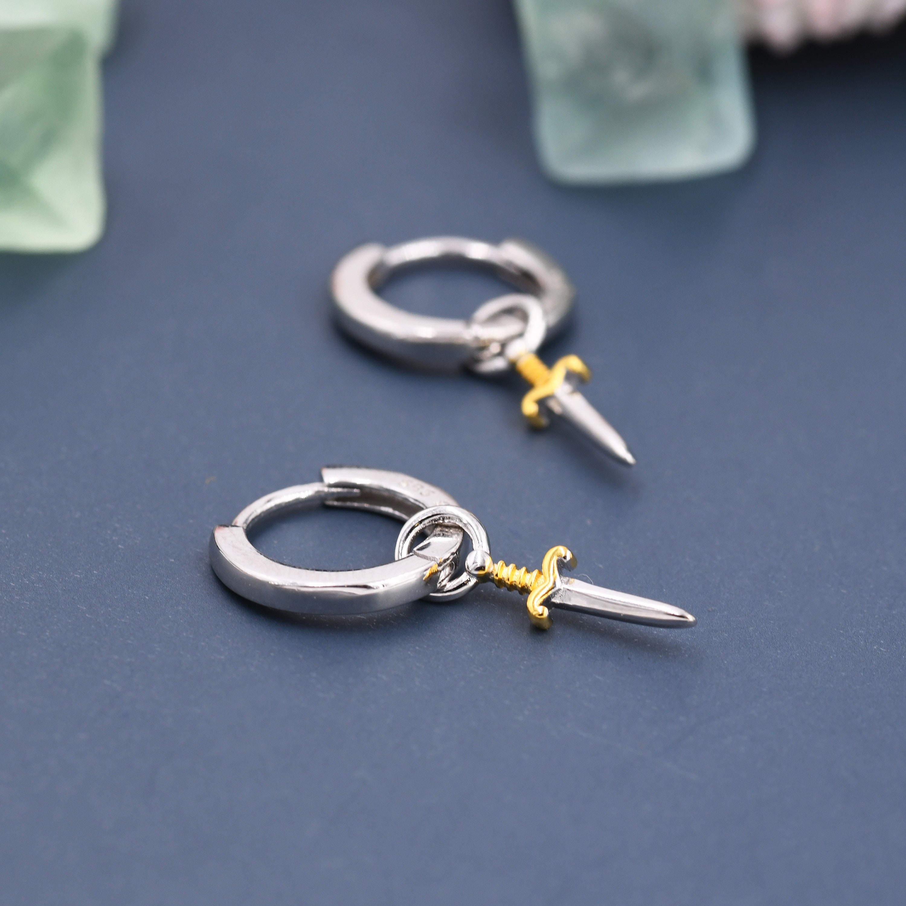 Orecchini A Cerchio Con Spada In Argento 925 E Zirconi Neri, Pendenti Unisex Stile Punk Per Uomo E Donna - 5