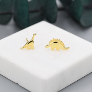 Mismatched Dinosaur Stud Earrings in Sterling Silver, Silver, Gold or Rose Gold, Asymmetric Stegosaurus and Brachiosaurus Dino Earrings image 8