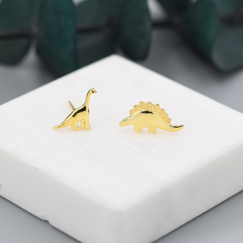Mismatched Dinosaur Stud Earrings in Sterling Silver, Silver, Gold or Rose Gold, Asymmetric Stegosaurus and Brachiosaurus Dino Earrings image 8