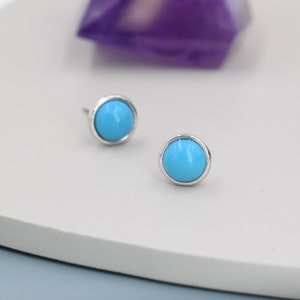 Sterling Silver Genuine Turquoise (Colour Treated) Stud Earrings, 5mm or 6mm, Bezel, Minimalist Style, December Birthstone